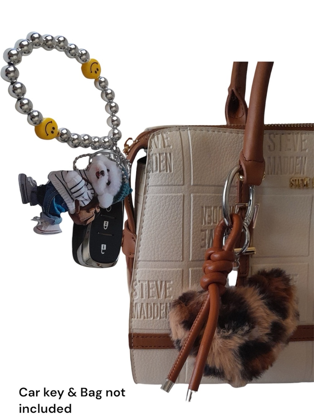 Leopard Faux Fur Heart Pom Pom Bag Charm Leather Knot Tassel Keychain - Picture 5 of 7